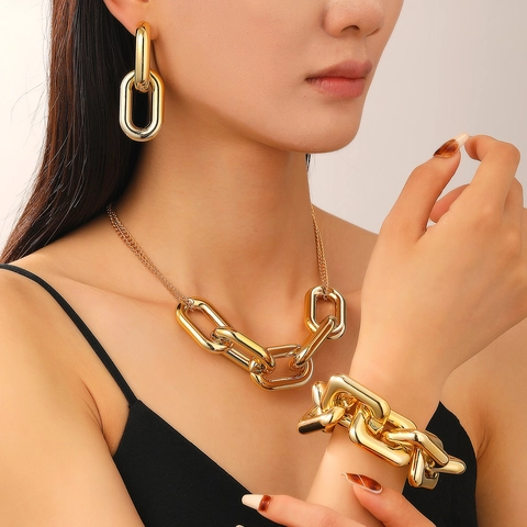 Collana Punk Hip Hop a Catena Grossa Bracciale Orecchini Gioielli da Donna in Lega Geometrica Maglia Lunga Stile Industriale