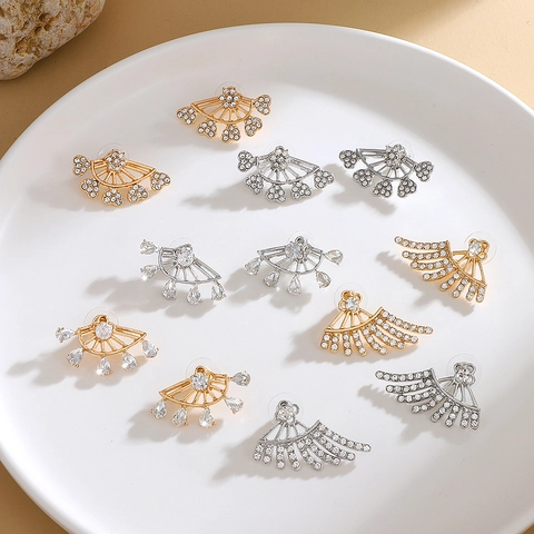 Vintage Hollow Fan Shaped Zirconia Ear Jacket Earrings For Women Alloy Water Drop Heart Wing Fashion Earrings Jewelry