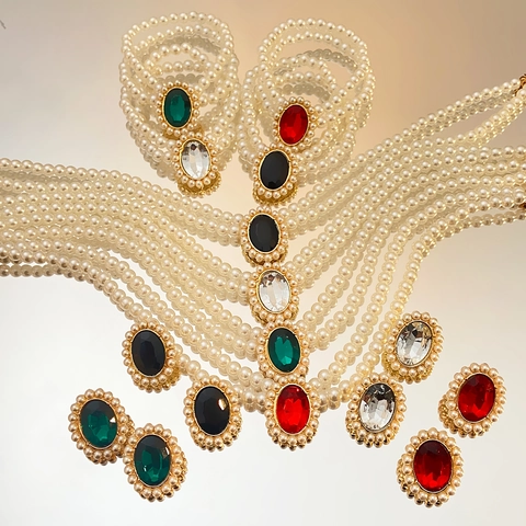 Vintage Legierung Künstliche Perle Schmuckset Für Damen Luxuriöses Strass Oval Anhänger Halskette Ohrringe Armband Party Schmuck
