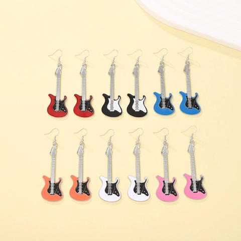 Retro Punk Electric Guitar Drop Earrings For Women Hip Hop Asymmetric Violin Music Theme Alloy Rhinestone Necklace Jewelry Gift