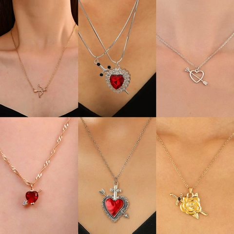 Gotik Vintage Legierung Rose Blume Rotes Herz Anhänger Halskette Für Damen Romantisch Amor Pfeil Schwert Kreuz Choker Schmuck