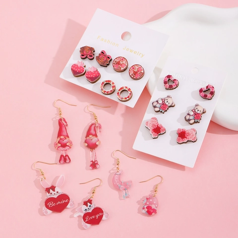 Valentine Day Cartoon Gnome Heart Bear Earring Collection Acrylic Wood Stud Drop Earrings Sweet Pink Jewelry For Women Gift