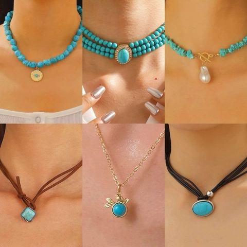 Vintage Bohemian Turquoise Necklace For Women With Artificial Pearl Pendant Retro Ethnic Style Turquoise Stone Choker Daily Vacation Jewelry Gift