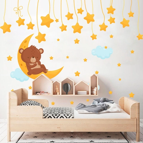 Cute Cartoon Bear Moon Stars Wall Stickers PVC Removable Decals For Kids Room Nursery Bedroom Kindergarten Decor