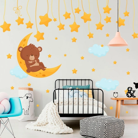 Cute Cartoon Bear Moon Stars Wall Stickers PVC Removable Decals For Kids Room Nursery Bedroom Kindergarten Decor
