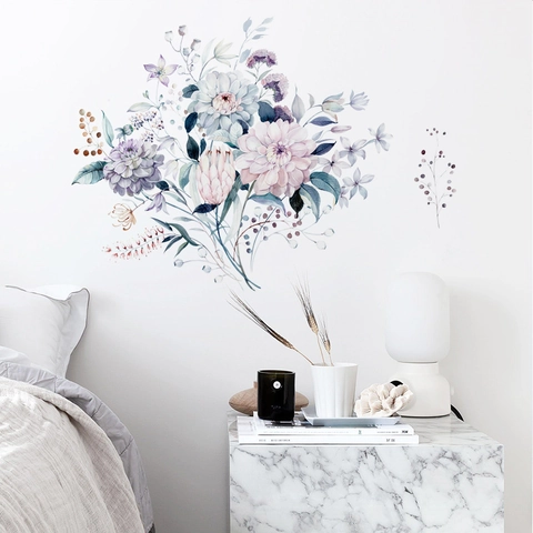 Vinilo de Pared Flores Acuarela Removible PVC Calcomanía Floral para Dormitorio Sala de Estar DIY Decoración de Pared de Fondo Hogar