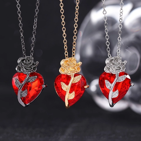 Fashion Alloy Rhinestone Planet Heart Pendant Necklace For Women Rose Flower Design Elegant Clavicle Chain Jewelry Gift