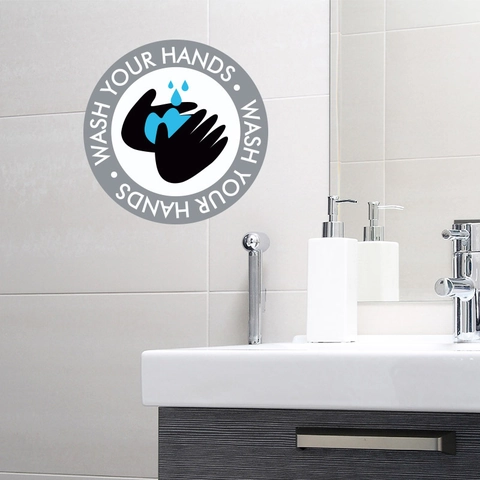 Vinilo de Pared Redondo Wash Your Hands PVC Impermeable Removible Cartel para Baño Aseo Señalización Higiene Pública