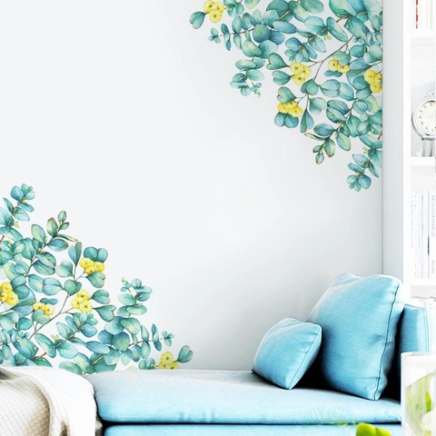 Aquarell Eukalyptusblätter Gelbe Blumen Wandaufkleber Abnehmbar PVC Botanisch Floral Wandtattoo Für Wohnzimmer Schlafzimmer Heimdekor