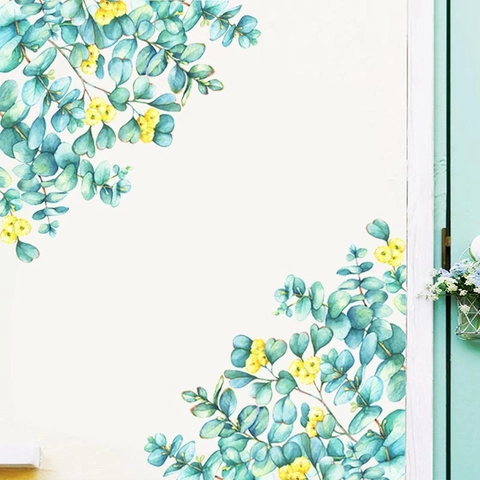 Aquarell Eukalyptusblätter Gelbe Blumen Wandaufkleber Abnehmbar PVC Botanisch Floral Wandtattoo Für Wohnzimmer Schlafzimmer Heimdekor