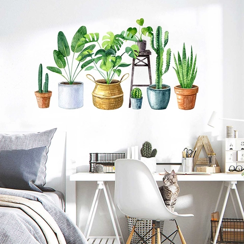 Adhesivos de Pared de Plantas en Maceta de Acuarela PVC Removible Hoja Verde Monstera Cactus Calcomanías Para Sala de Estar Dormitorio