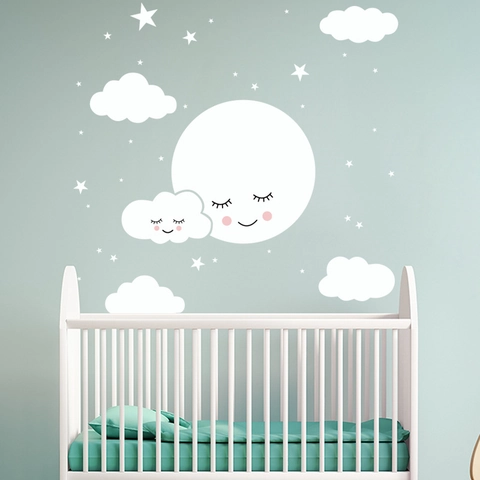 Cartoon Lächelnder Mond Sterne Wolken Wandaufkleber Für Kinderzimmer Schlafzimmer PVC Abnehmbar DIY Deko Wandtattoo