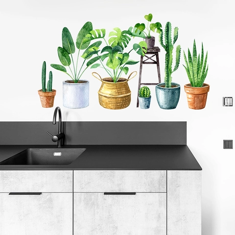 Adhesivos de Pared de Plantas en Maceta de Acuarela PVC Removible Hoja Verde Monstera Cactus Calcomanías Para Sala de Estar Dormitorio