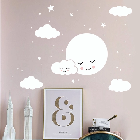 Stickers Muraux Dessin Animé Lune Étoiles Nuages pour Chambre d'Enfant Chambre à Coucher PVC Amovible Décoration Murale DIY