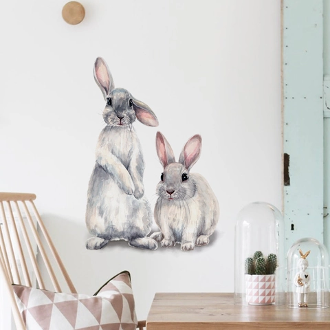 Cute Watercolor Rabbit Wall Stickers Removable PVC Animal Bunny Wall Decals For Kids Room Nursery Bedroom Home Decoration