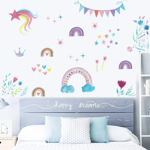 Watercolor Rainbow Star Heart Wall Sticker For Kids Room Nursery Decor Removable PVC DIY Cartoon Home Decoration Wall Decal