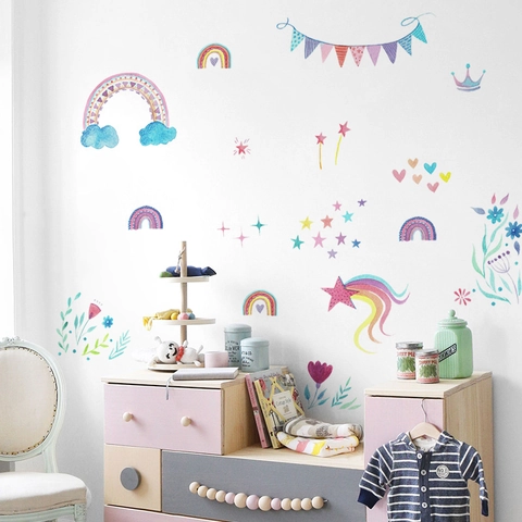 Watercolor Rainbow Star Heart Wall Sticker For Kids Room Nursery Decor Removable PVC DIY Cartoon Home Decoration Wall Decal