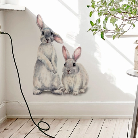 Cute Watercolor Rabbit Wall Stickers Removable PVC Animal Bunny Wall Decals For Kids Room Nursery Bedroom Home Decoration