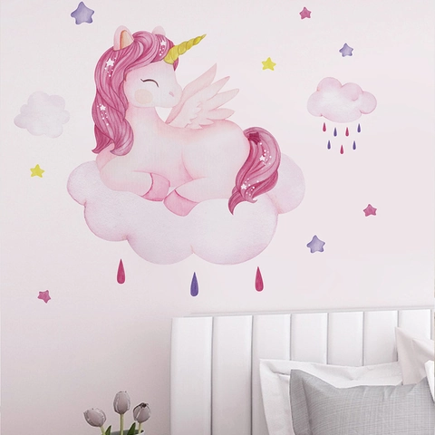 Cartoon Rosa Einhorn Wolke Wandtattoo Aquarell Kindergarten Deko Für Kinderzimmer Baby Schlafzimmer Abnehmbare Aufkleber