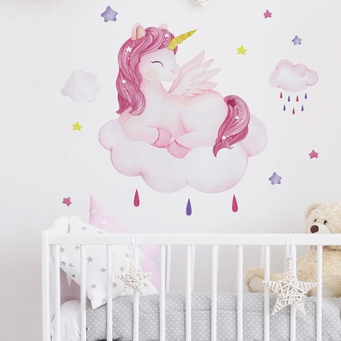 Cartoon Rosa Einhorn Wolke Wandtattoo Aquarell Kindergarten Deko Für Kinderzimmer Baby Schlafzimmer Abnehmbare Aufkleber