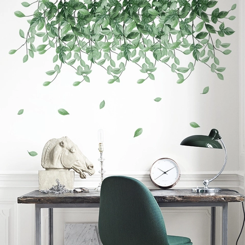 Adesivo Murale con Vite di Foglie Verdi Appese PVC Rimovibile Acquerello Piante Botaniche Decorazione per Soggiorno Camera da Letto