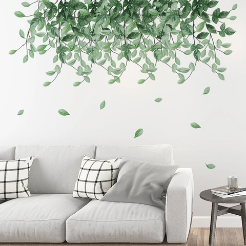 Adesivo Murale con Vite di Foglie Verdi Appese PVC Rimovibile Acquerello Piante Botaniche Decorazione per Soggiorno Camera da Letto