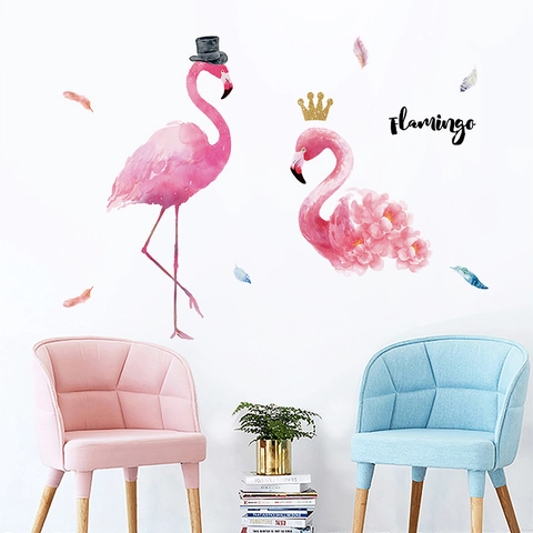 Pink Watercolor Flamingo Wall Stickers PVC Removable Animal Feather Wall Decals For Living Room Bedroom Kids Nursery Decor