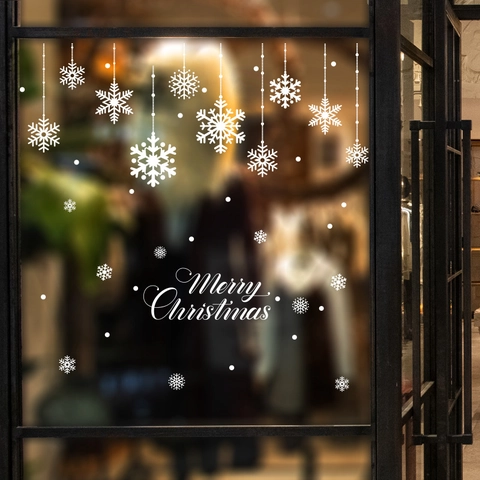 Pegatinas de Ventana de Navidad con Copos de Nieve Blancos Merry Christmas Estáticas para Puertas de Cristal y Escaparates