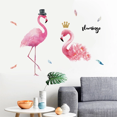 Pink Watercolor Flamingo Wall Stickers PVC Removable Animal Feather Wall Decals For Living Room Bedroom Kids Nursery Decor