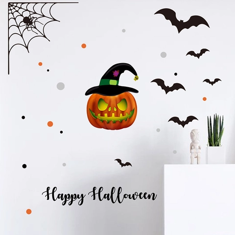 Halloween Pumpkin Witch Hat Wall Stickers Cute Bat Spider Web PVC Decals Happy Halloween Home Living Room Wall Decor