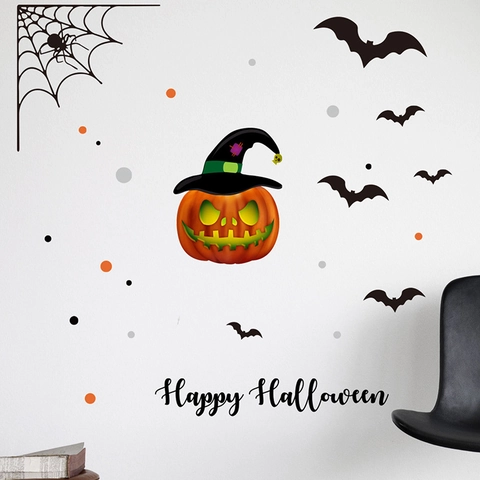 Halloween Pumpkin Witch Hat Wall Stickers Cute Bat Spider Web PVC Decals Happy Halloween Home Living Room Wall Decor