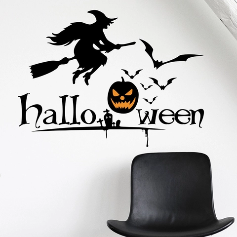 Halloween Witch Silhouette Wall Sticker Bat Pumpkin PVC Removable Decal For Living Room Bedroom Holiday Party Home Decor