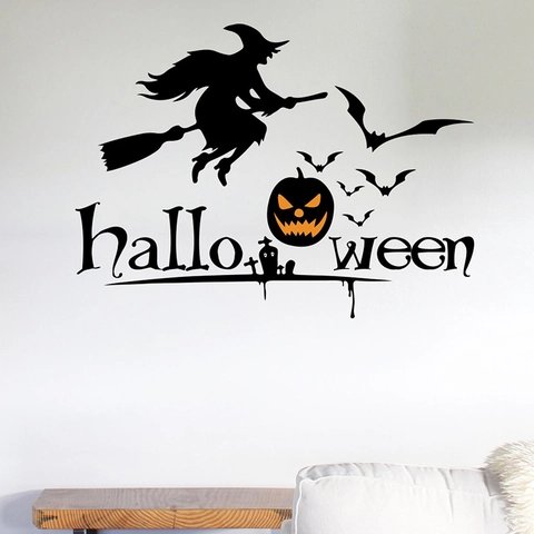 Halloween Witch Silhouette Wall Sticker Bat Pumpkin PVC Removable Decal For Living Room Bedroom Holiday Party Home Decor