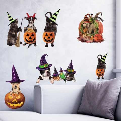 Halloween Haustier Thema Wandaufkleber PVC Abnehmbare Süße Karikatur Katze Hund Mit Hexenhut Kürbis Aufkleber Für Feiertagsdekor