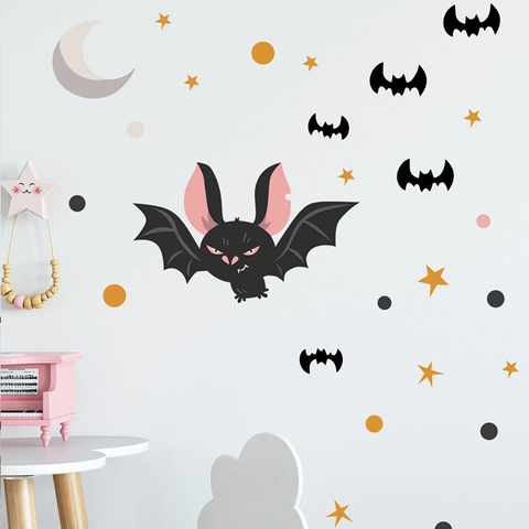 Set di Adesivi Murali di Halloween a Forma di Pipistrello in PVC Removibile Luna Stella Decorazione per Camera dei Bambini Festa di Halloween