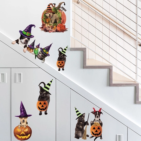 Halloween Haustier Thema Wandaufkleber PVC Abnehmbare Süße Karikatur Katze Hund Mit Hexenhut Kürbis Aufkleber Für Feiertagsdekor
