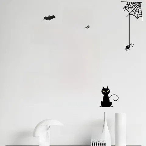 Set di Adesivi Murali di Halloween Removibili Gatto Nero Zucca Ragno Pipistrello Decalcomanie in PVC per Decorazione Casa
