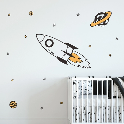 Vinilos Decorativos de Cohete Espacial y Planetas Dibujos Animados Calcomanías de PVC Para Dormitorio Infantil