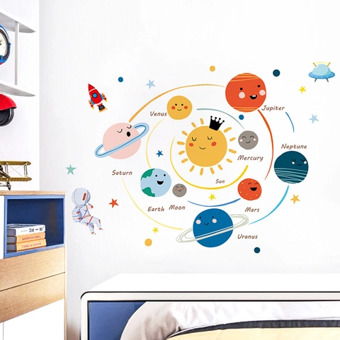 Cartoon Solar System Wall Sticker Removable PVC Planets Astronaut Rocket Decals For Kids Room Bedroom Study Wall Decor