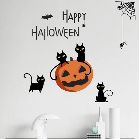 Halloween Wall Sticker Set Removable Black Cat Pumpkin Spider Bat PVC Decal For Home Living Room Bedroom Festive Decoration