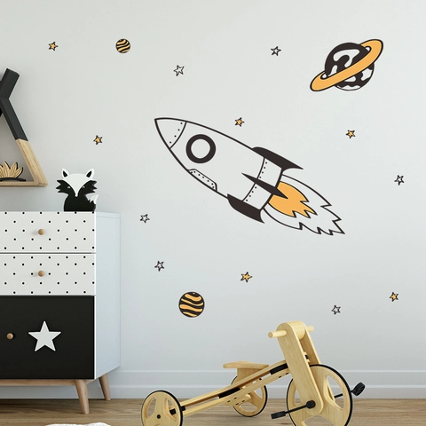 Vinilos Decorativos de Cohete Espacial y Planetas Dibujos Animados Calcomanías de PVC Para Dormitorio Infantil