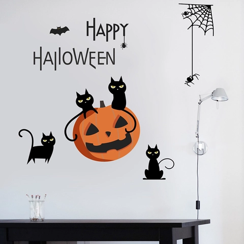 Halloween Wall Sticker Set Removable Black Cat Pumpkin Spider Bat PVC Decal For Home Living Room Bedroom Festive Decoration