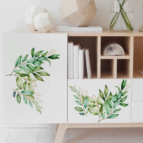 Stickers Murali con Rami di Foglie Verdi ad Acquerello Decalcomanie Botaniche in PVC Rimovibili per Decorazione Casa Camera da Letto
