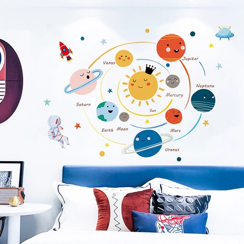Cartoon Solar System Wall Sticker Removable PVC Planets Astronaut Rocket Decals For Kids Room Bedroom Study Wall Decor