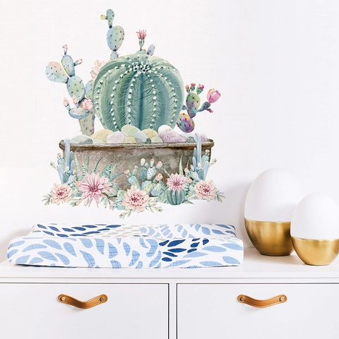 Stickers Muraux Plantes en Pot Cactus Aquarelle PVC Amovible Mural Floral Succulentes Peint à la Main pour Maison