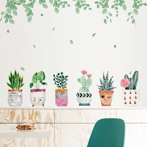Pegatinas de Pared Plantas en Maceta Acuarela Suculentas PVC Removible Hoja Verde Vides Calcomanías Para Sala Dormitorio