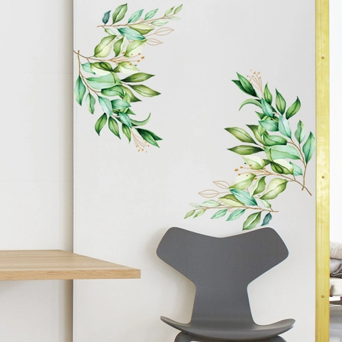 Stickers Murali con Rami di Foglie Verdi ad Acquerello Decalcomanie Botaniche in PVC Rimovibili per Decorazione Casa Camera da Letto