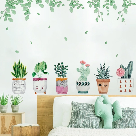 Pegatinas de Pared Plantas en Maceta Acuarela Suculentas PVC Removible Hoja Verde Vides Calcomanías Para Sala Dormitorio