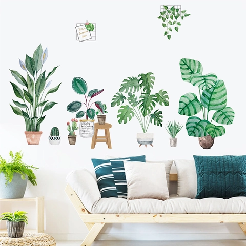 Aquarel Potplanten Muurstickers Verwijderbaar PVC Groen Tropische Bladeren Monstera Cactus Muurstickers Voor Woonkamer