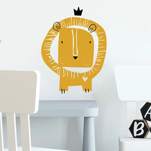 Hand Drawn Cartoon Lion Wall Sticker With Crown Heart Pattern Removable PVC Decal For Kids Room Nursery Home Wall Decor